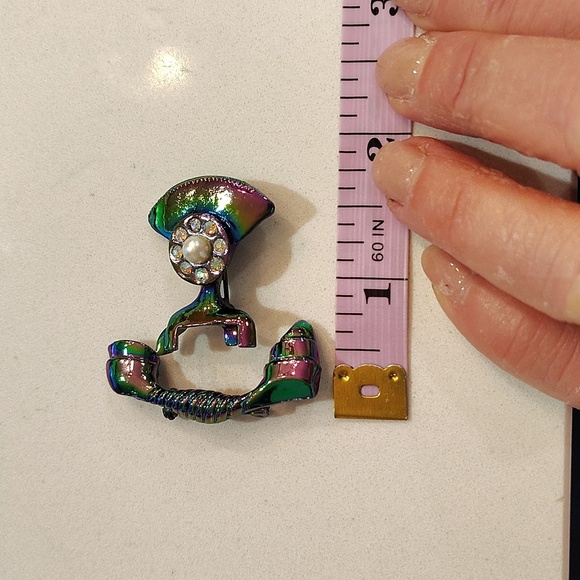 Funky Vintage 1960s Two Piece Telephone Brooch Blue Rainbow Chrome Faux Pearls - Picture 5 of 5